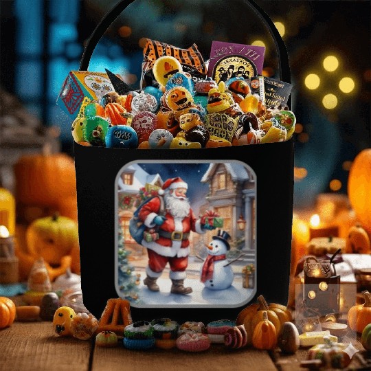 Santa Claus and a snowman distributes gifts. Fabric Baskets