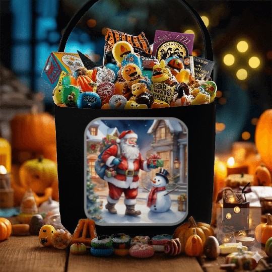 Santa Claus and a snowman distributes gifts. Fabric Baskets