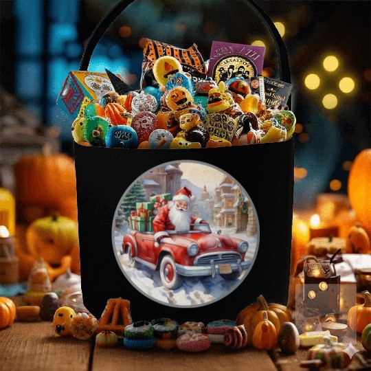 Santa Claus rides in a convertible car Fabric Baskets