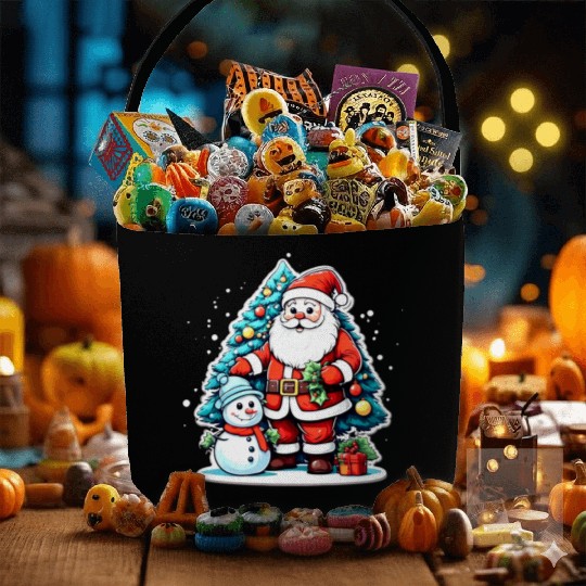 Santa Claus with Snowman and Decorated. Fabric Baskets