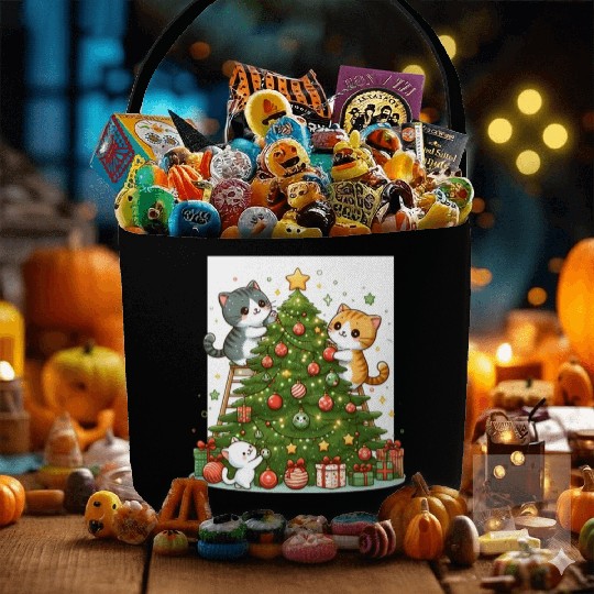 Kittens decorate a Christmas tree Fabric Baskets