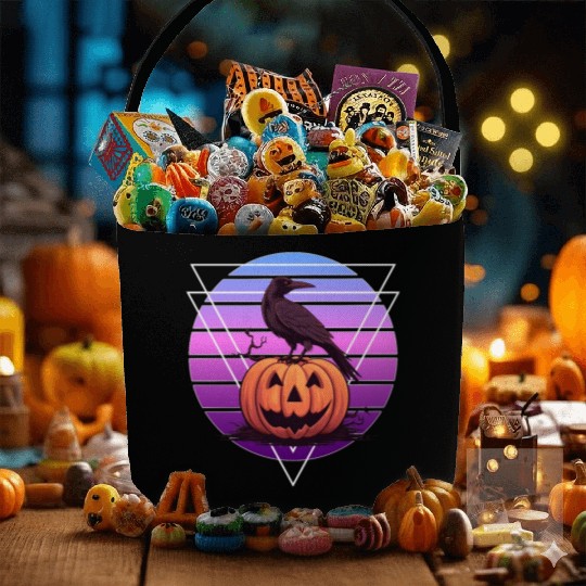 Raven Crow On Pumpkin Vaporwave Halloween Pagan Ae Fabric Baskets