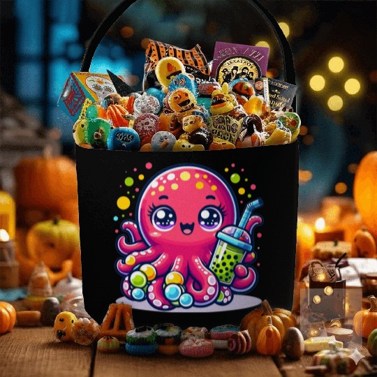 Kawaii Octopus With Bubble Tea Sea Ocean Boba Tea Fabric Baskets