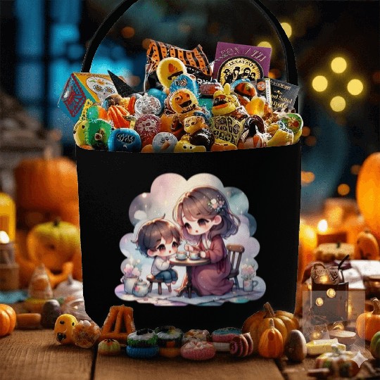 Mother and Son Enjoying a Cozy Tea Party Fabric Baskets