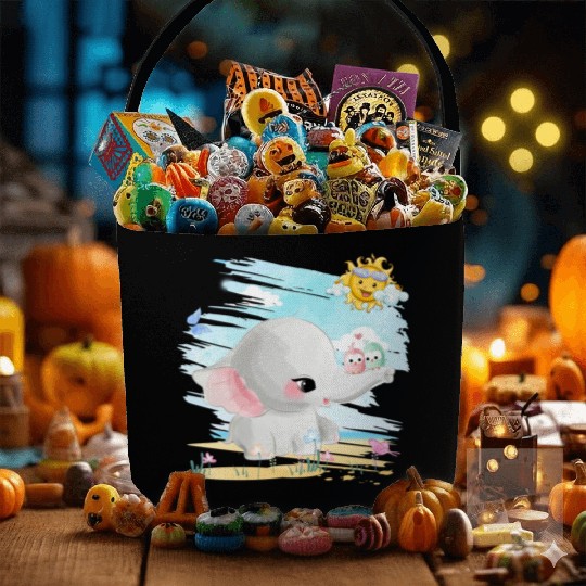 Elephant Walking At Beach With 2 Birds Friends Fabric Baskets