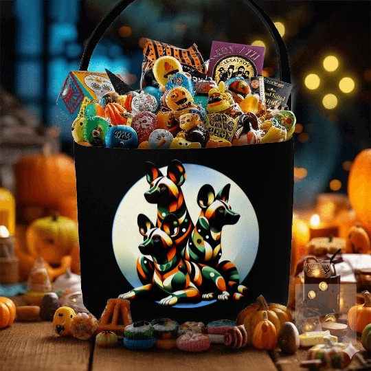 African Painted Wild Dogs Moon Art Fabric Baskets