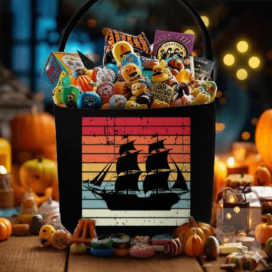 Vintage Retro Sun Set Pirate Ship Fabric Baskets