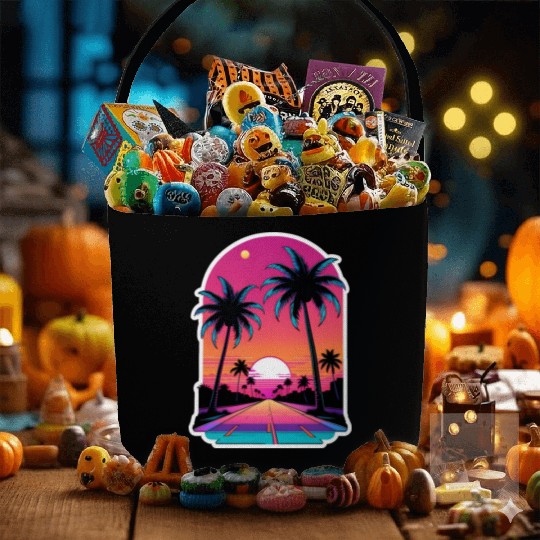 Miami Road into the Sunset 80s Synthwave Retro Fabric Baskets