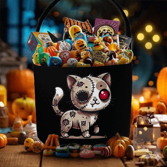 scary zombie kawaii cat for halloween fun Fabric Baskets