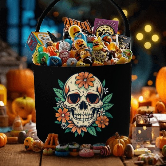Vintage Retro Halloween Sugar Skull with floral Fabric Baskets