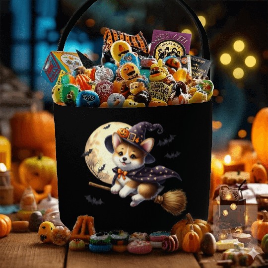 Corgi Witch Flying on Broom Halloween Moon Bats Pr Fabric Baskets