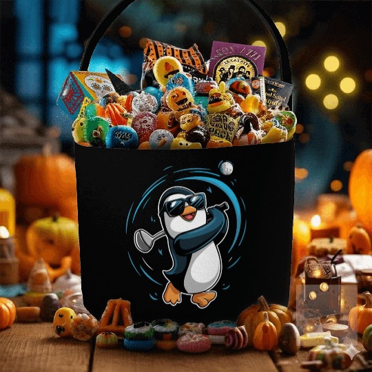 Penguin Golfer Swinging Club Fun Golf Art Fabric Baskets