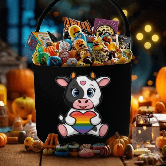 LGTBQ Cow Holding Rainbow Heart Fabric Baskets