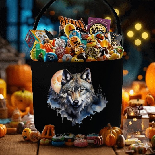 Wolf Portrait Under Full Moon Design Fabric Baskets