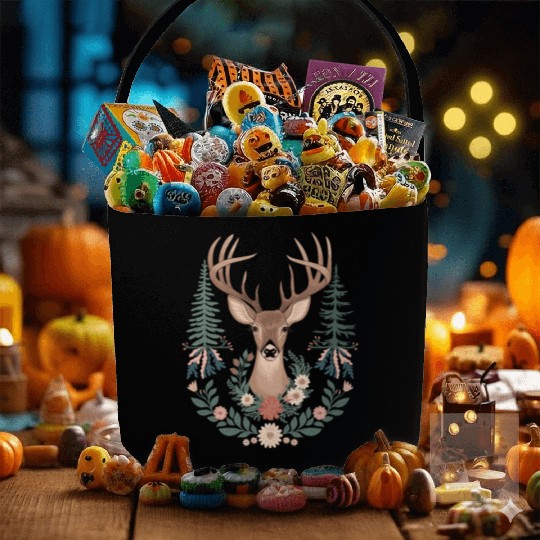 Cottagecore Deer with Floral Wreath and Evergreen Fabric Baskets