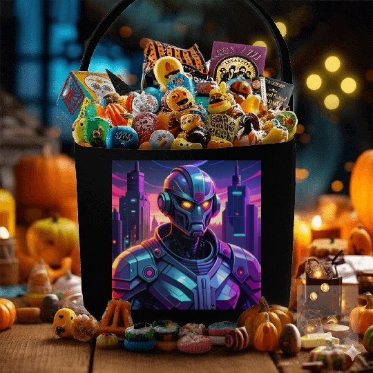 "Cyber Sentinel: Futuristic Robot in a Neon City" Fabric Baskets