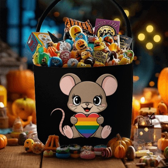 Cute Mouse Holding LGTBQ Rainbow Heart Fabric Baskets