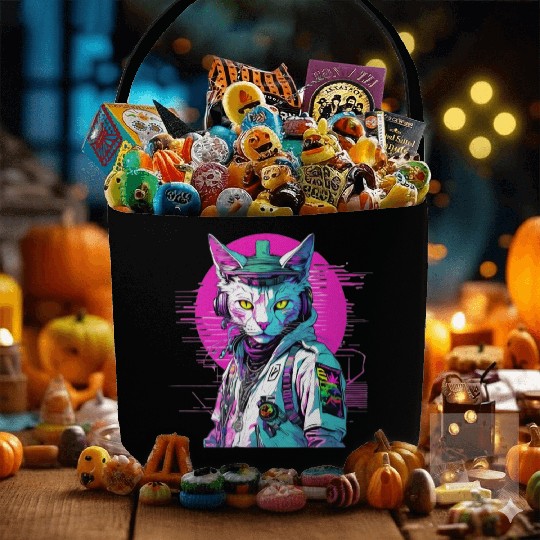 Neon Cyberpunk Warrior Cat Fabric Baskets