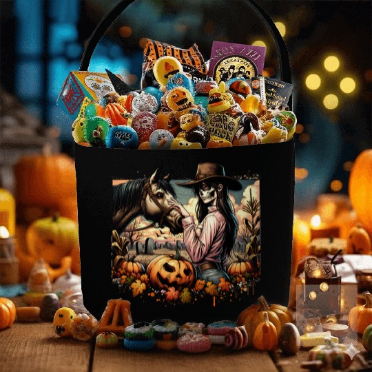 Haunting Cowgirl and Horse in Halloween Graveyard Fabric Baskets