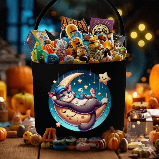 Cute Cat Relaxing on Moon with Stars and Coffee Fabric Baskets