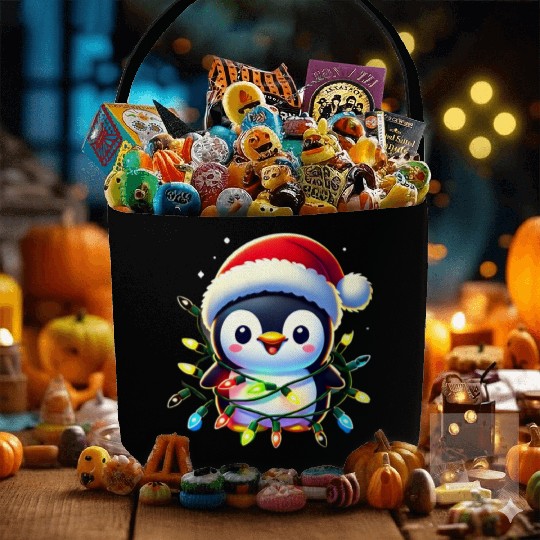 Festive Penguin Wrapped in Christmas Lights & Sant Fabric Baskets