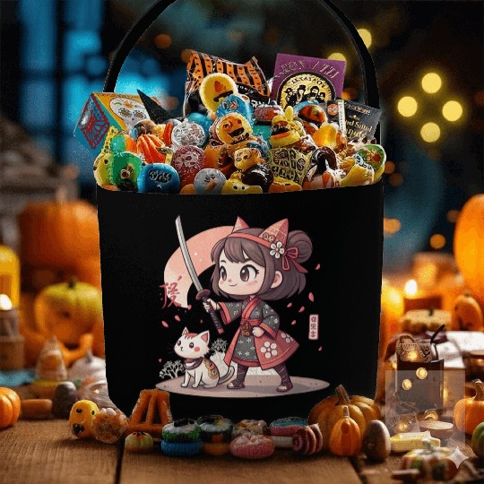 Adorable Anime Samurai Girl: Cat & Katana Design Fabric Baskets