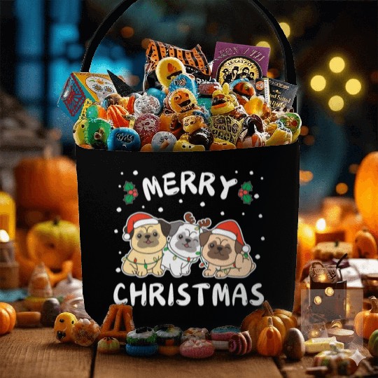 Merry Christmas Cute Pug Festive Lights Pug Fabric Baskets