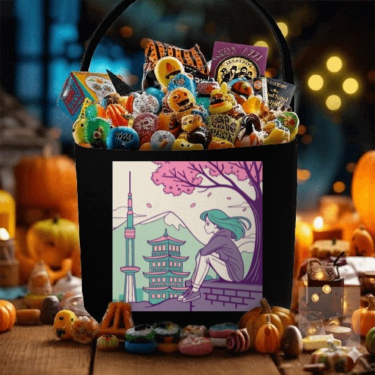 "Peaceful Anime Vibes: Girl Relaxing with Sakura Fabric Baskets