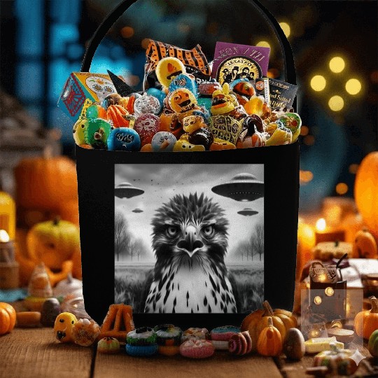 Hawk falcon Funny Graphic Selfie with UFOs Weird Fabric Baskets