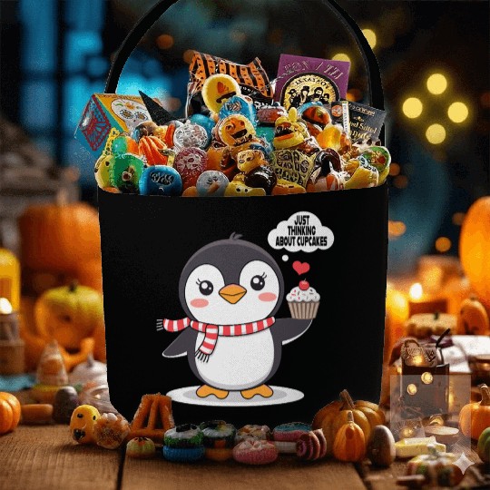 Penguin Thinking About Cupcakes Fun Animal Graphic Fabric Baskets