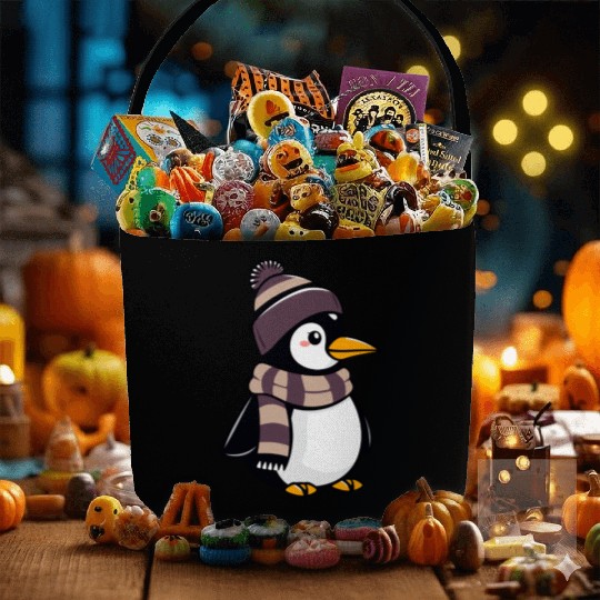 Cute cartoon penguin wearing winter hat and scarf Fabric Baskets