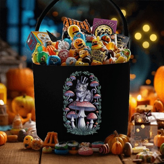 Gentleman cat hatter sitting on mushroom Fabric Baskets