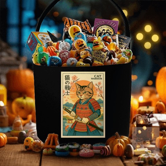 Samurai Cat in Traditional Armor Art Fabric Baskets