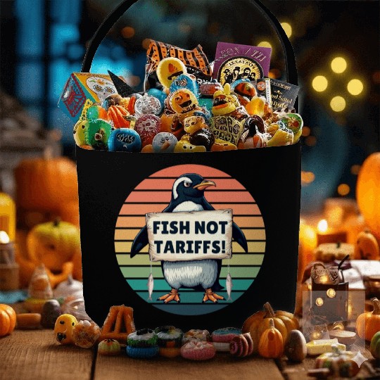 Fish Not Tariffs Funny Penguin Protest Art Fabric Baskets