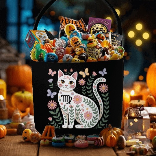 Virgo Zodiac Cat with Daisies Fabric Baskets