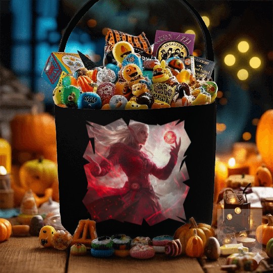 Mystical Fire Elf Holding Glowing Spell Orb Art Fabric Baskets