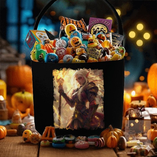 Fiery Elf Mage with Glowing Magical Staff Design Fabric Baskets