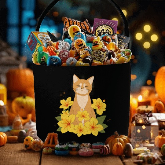 Orange Cat Surrounded by Yellow Hibiscus Flowers Fabric Baskets