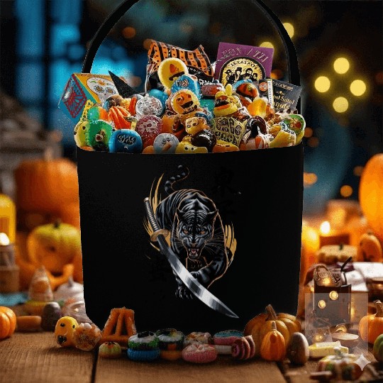 Fierce Black Panther With Samurai Sword Fabric Baskets