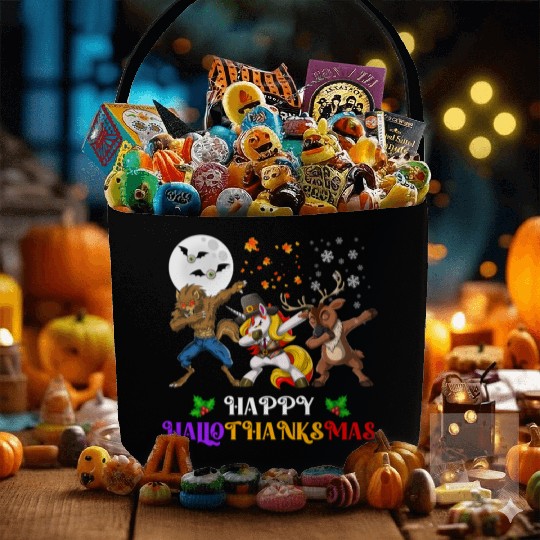 Happy Hallothanksmas Dabbing werewolf Unicorn Deer Fabric Baskets