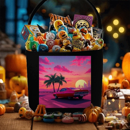 Neon Drift Sunset on the Synthwave Highway Fabric Baskets