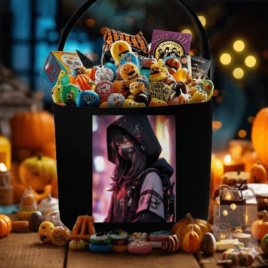 Cyberpunk Hooded Girl with Neon Accents Fabric Baskets