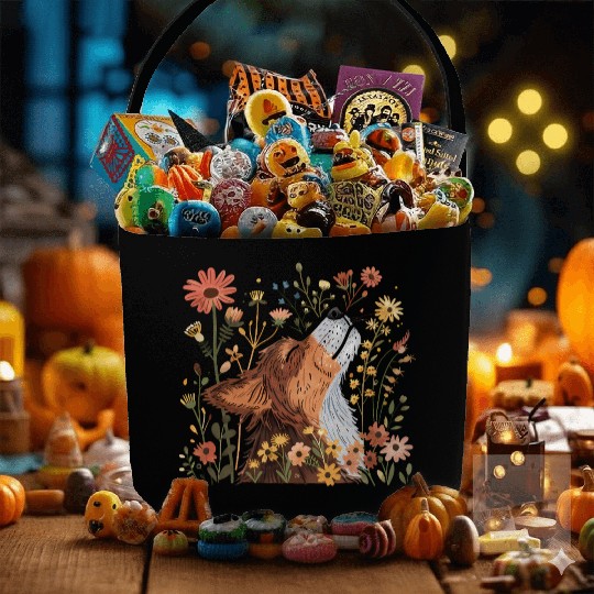 Serene Howling Wolf Amid Floral Bloom Fabric Baskets