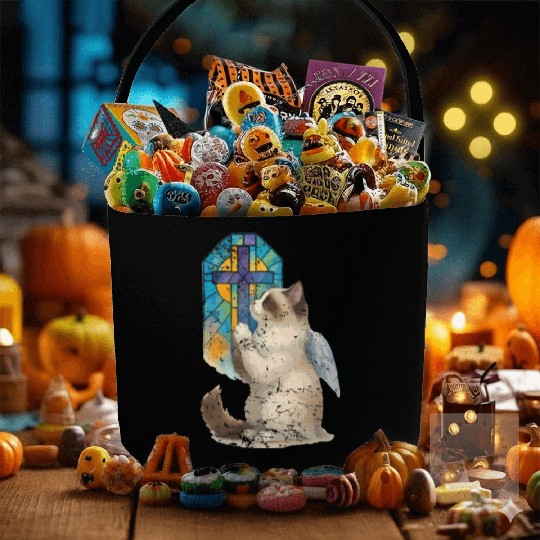 Celestial Cat with Stained Glass Cross Fabric Baskets