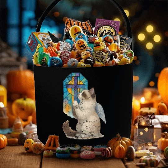 Celestial Cat with Stained Glass Cross Fabric Baskets