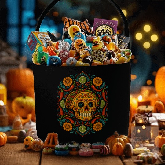 Taco Calavera Vibrant Sugar Skull Mandala Art Fabric Baskets