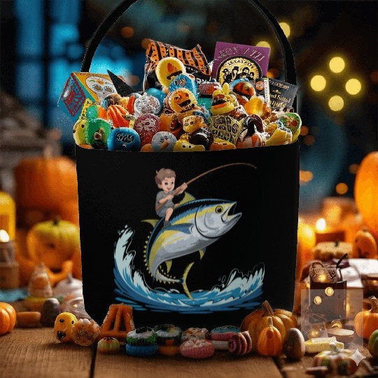 Joyful young boy rides massive jumping tuna Fabric Baskets