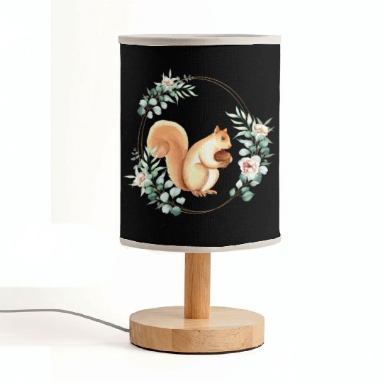Squirrel Holding An Acorn in a Floral Gold Wreath Fabric Lamps