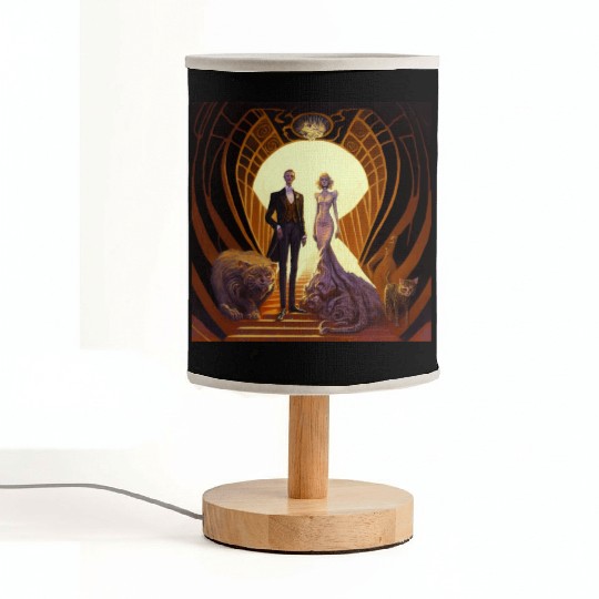 A man wear tuxedo standing next to a woman a dress Fabric Lamps