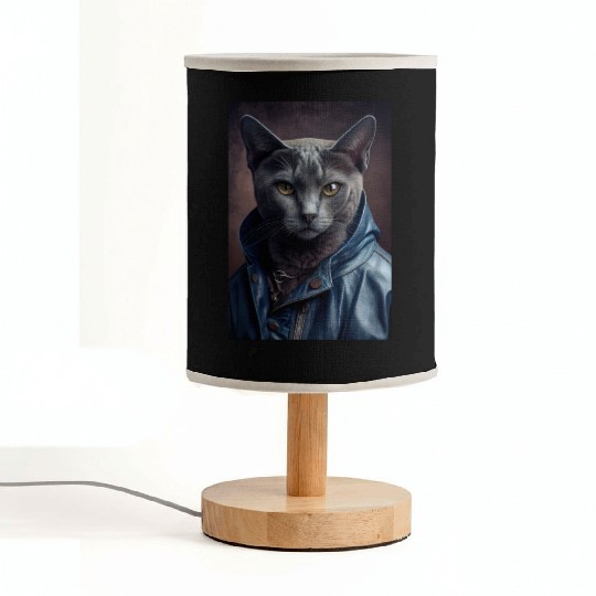 Russian Blue Cat Breed Portrait wears a leather j Fabric Lamps